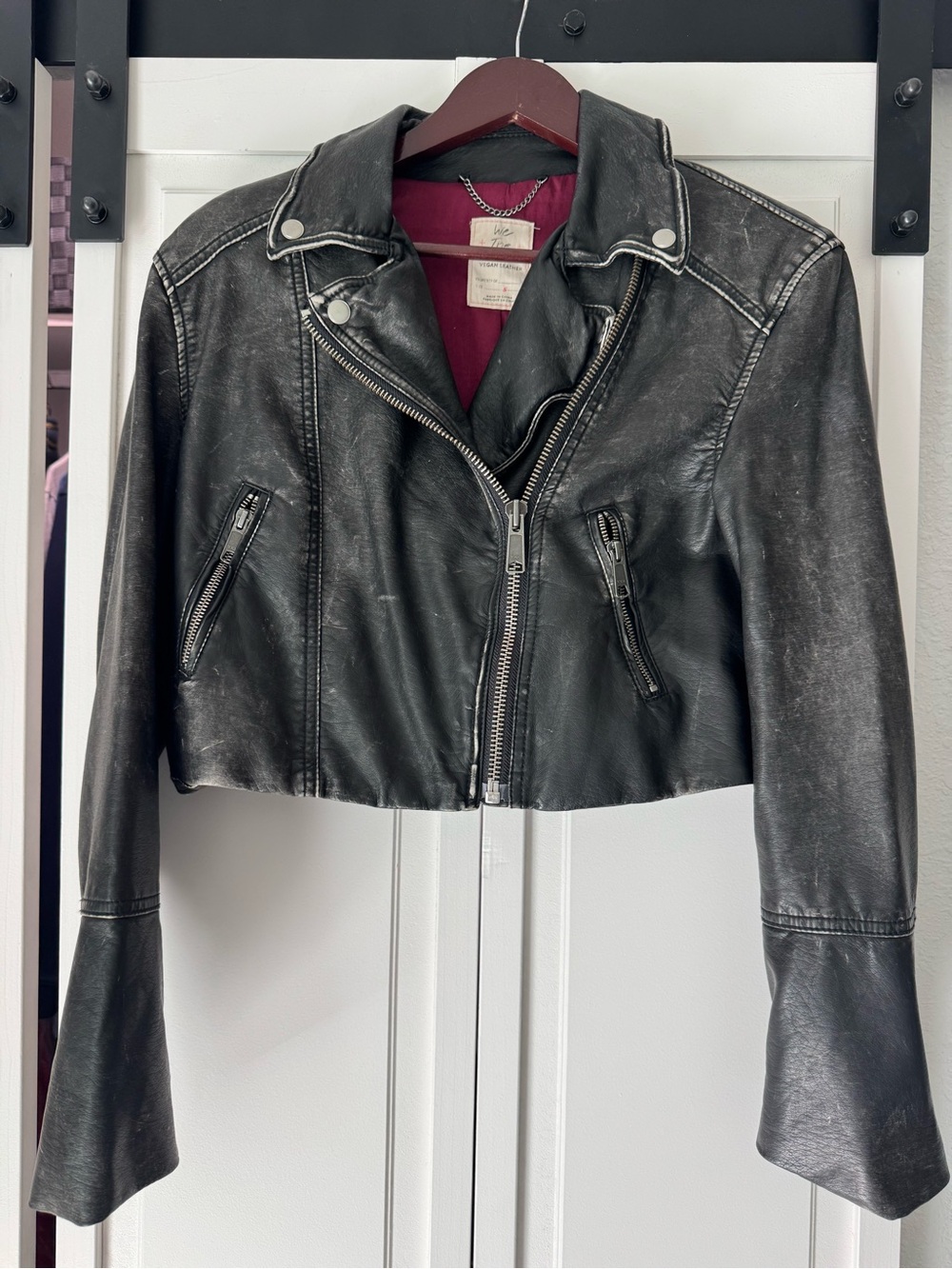 Free People We The Free Vegan Leather Cropped Moto Jacket Black S Distressed
